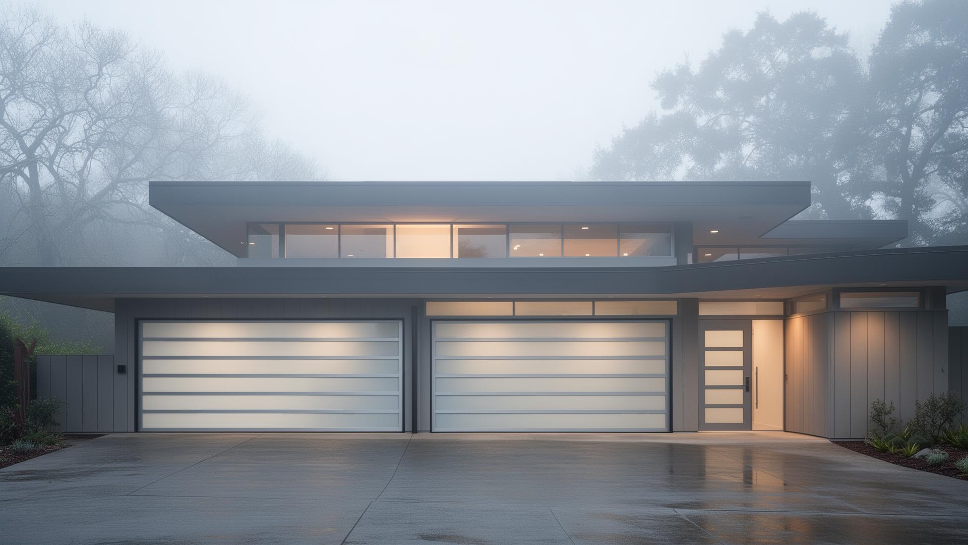 Modern sleek steel garage doors with frosted glass panels on mid-century home
