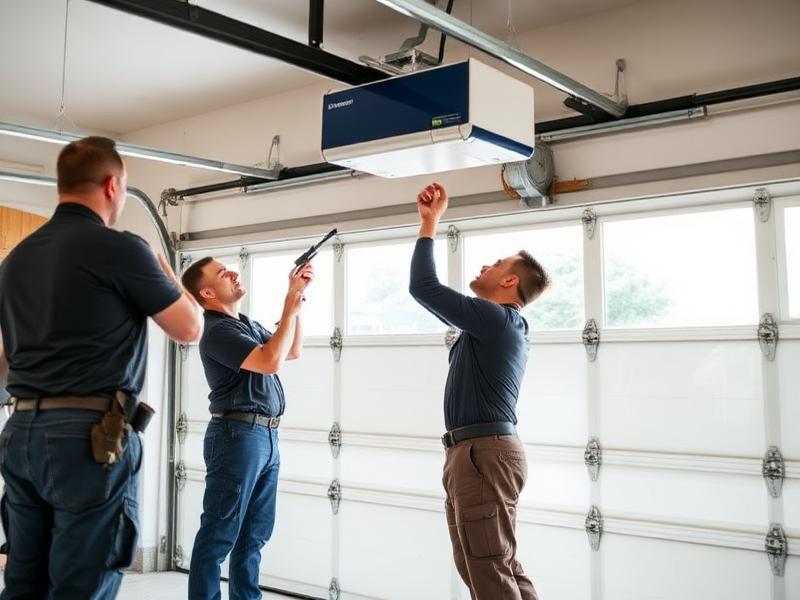 Professional garage door repair team installing new opener